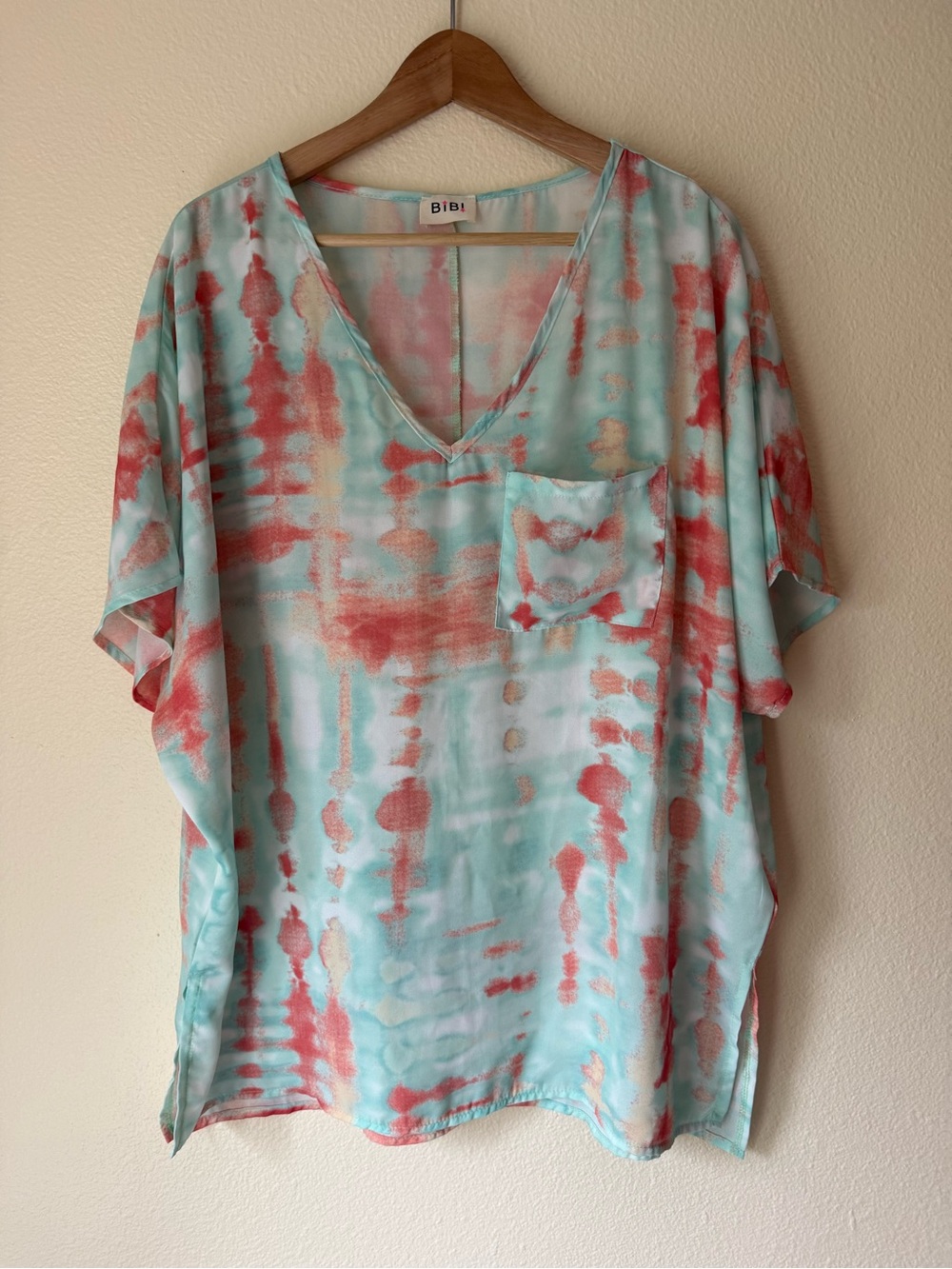 BiBi Aqua & Coral Tie-Dye V-Neck Tunic